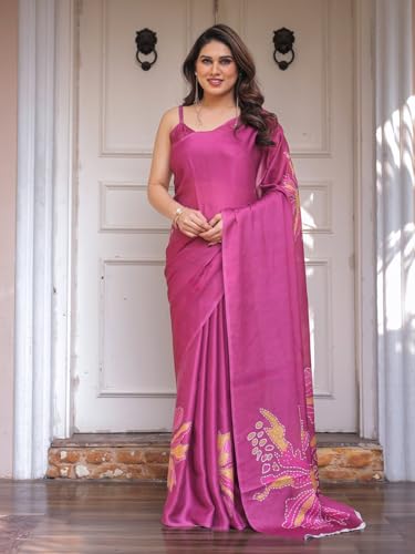 Image of ALMAARI FASHION Women's Floral Printed Georgette Satin Saree with Unstitched Blouse Piece | Traditional Ethnic Wear Sarees | Soft Lightweight Ethnic Office Wear Daily Wear Indian Sari (SG 181-190 F)