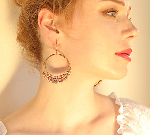 Bohemian Dangle Hoop Earrings For Women - Vintage Colorful Beaded Statement Circle Earrings (Multicolored) #TOP2