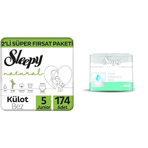 Sleepy Natural 2'li Fırsat Paketi Külot Bez 5 Numara Junior 174 Adet ve Sleepy Sensitive Yatak Koruyucu Örtü 60 X 90 cm (1 x 30 Adet)