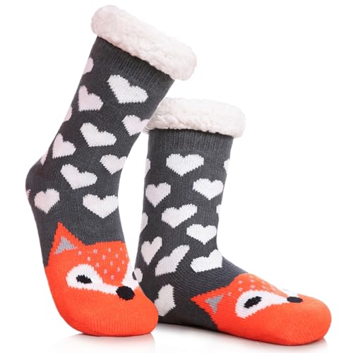 DYW Women Winter Thick Slipper Socks with Grippers Non Slip Warm Fleece Lining Fluffy Fuzzy Socks Christmas Gifts (Fox)