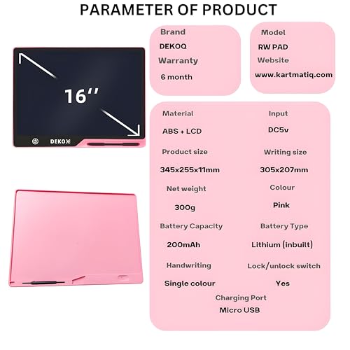 Image of Plastic 16 Inch USB Rechargeable Drawing Tablet Doodle Board for Kids, Reusable Electronic Drawing Pads Educational Toys for Girls, Educational Birthday Gift, Drawing Pad for Teen Girl (Pink)