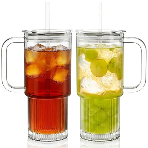2-Pack 768ml Ribbed Glass Tumblers with Leakproof Lids & Straws - Lead-Free Premium Glass Set for Iced Coffee, Smoothies & Juice, Dishwasher Safe, for Home/Office/Parties/Car & Present Giving (2)