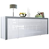 Vladon Sideboard La Paz V2, Kommode mit 2 Türen, 2 Schubkästen und 2 Klappen, Weiß Hochglanz/Weiß Hochglanz/Avola-Anthrazit (200 x 72 x 35 cm)