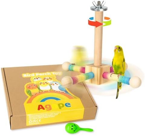 Agape Bird Perch Toy, Parrot 360° Interactive Rotating Toy, Bird Cage Accessories for small and medium Parrots to Expend Energy, Wooden Stand for Parakeets Cockatiels Lovebirds Conures Finches Budgies