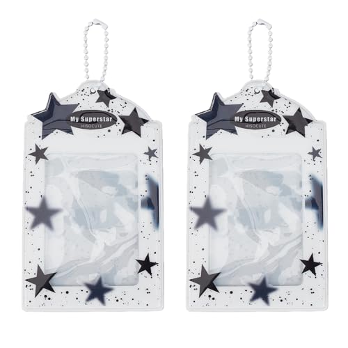 NICENEEDED 2 peças de porta-cartões fotográficos com design de estrela preta Kpop, estojo de cartão de foto bonito com corrente de bolas, capa protetora de cartão estilo coreano para cartões de álbum