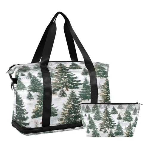 Winter Forest Christmas Gym Bag for Women Sport Travel Duffel Bag Shoulder Weekender Overnight Bags with Wet Pocket & Shoe Compartment