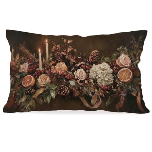 Nujnmor Dark Academia Vintage Christmas Pillow Cover 12x20 Inch, Moody Floral Candle Lumbar Throw Pillowcase, Winter Holiday Decor for Couch Sofa Bed Living Room, for Women