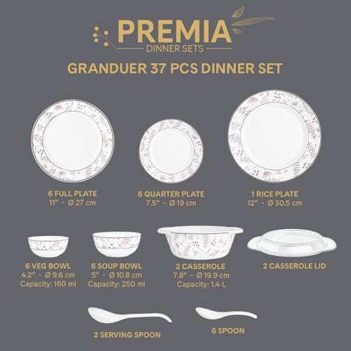 Image of Larah by Borosil 37pc Opalware Grandeur Dinner Set for Family of 6 | Microwave & Dishwasher Safe Crockery Set for Dining & Gifting | Plates & Bowls
