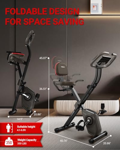 HARISON Folding Exercise Bike 350 LBS Capacity, 5 in 1 Bluetooth Stationary Bikes for Home with 16-Level Resistance and Arm Resistance Bands, Magnetic X-Bike with LCD Monitor & Back Support - Thumbnail 6