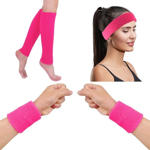 Ensemble d'Accessoires Fluo des Années 80 - Bandeau, Jambières et Bracelets Fluo - Parfait pour la Fête Déguisée Années 80, Le Sport et le Disco pour...