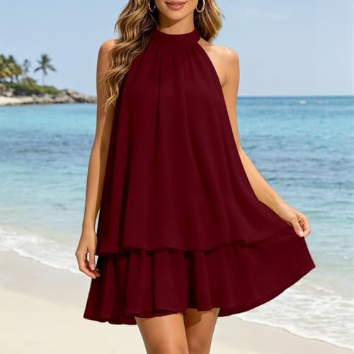 Nlaayong Robe Femme Chic et Elegant Été Robes Courte Ample Col Halter sans Manches Sexy Mini Robe Dos Nu à Nouer Casual Robes en Mousseline Volants Fluide Dresses pour Soirée Clubbing Plage Vacances – vue 4
