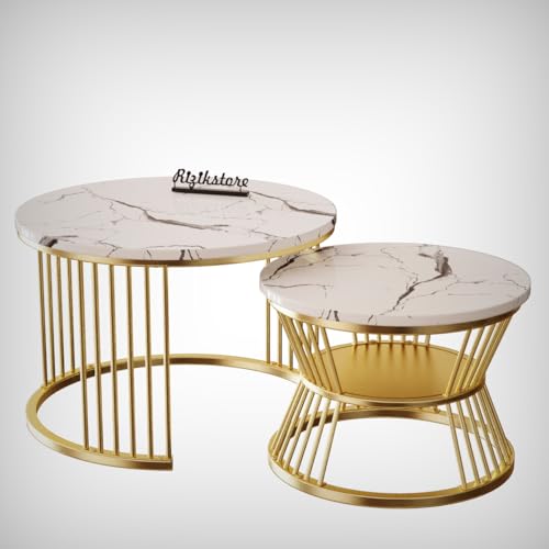 Image of RIZIK Store Iron Frame Handmade 20.5 inch x 20.5 inch Round Coffee Table /Nesting Table /Side Table /Center Table with Engineered Wood Top for Living Room /Drawing Room /Balcony (White Gold)
