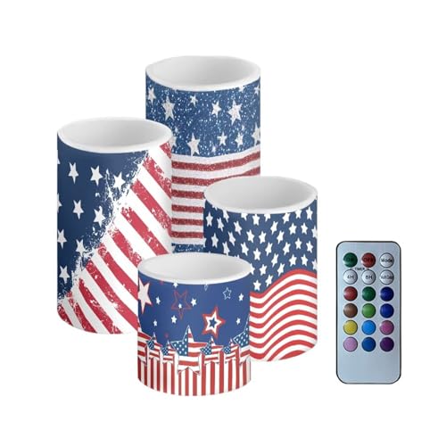 Image of Patriotic American Flag LED Candles with Remote Timer Color Changing Control for July 4th Independence Memorial Day Decoration Set of 4 Flameless LED Candles