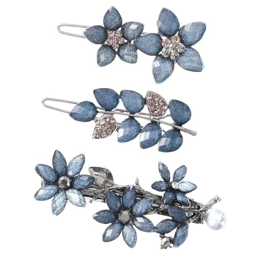 3 piezas Pinzas para el cabello con pedrería, clips de 2 pulgadas, diseño vintage color azul tinta con cristales brillantes en forma de flor