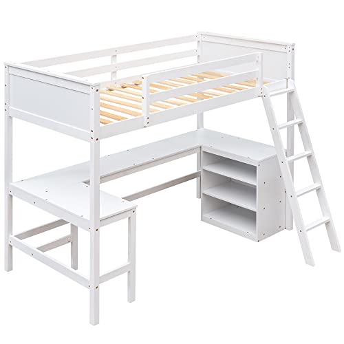 Biadnbz Wooden Twin Size Loft Bed With Shelves And Desk For Kids,Teens,Bedroom,White #TOP2