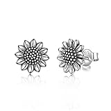 POPLYKE 925 Sterling Silver Antiqued Sunflower Stud Earrings Bohemian Oxidation Sunflower Earrings for Women Mother Birthday Halloween