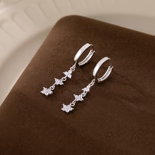Reffeer Solid 925 Sterling Silver CZ Flower Chain Dangle Earrings for Women Teen Girls Chain Drop Hoop Earrings4