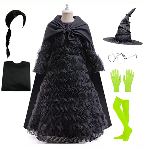 Halloween Girls Classic Witch Black Ruffled Dress with Pointed Hat Cape Glasses Green Gloves Stockings for Kids2
