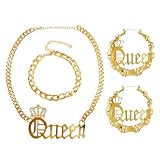 Unique Punk Hip Hop Style: This 3 - piece set for women is a bold expression of urban style. The Thick Curb Chain Queen Pendant on the necklace exudes a powerful and confident vibe. The bamboo - shaped hoop earrings with the “Queen” design add an ext...
