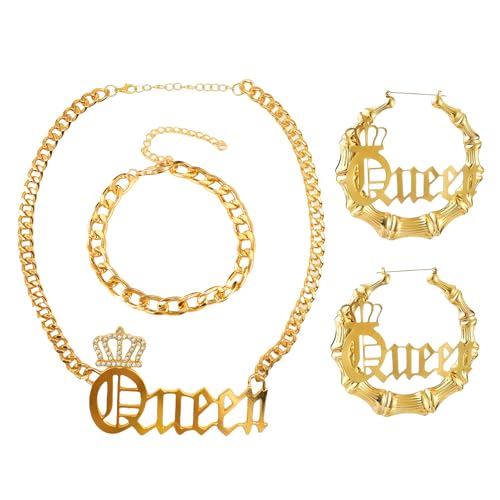 80s/90s Hip Hop Outfits for Women Queen Oversize Statement Pendant Chain Necklace Bracelet Big Bamboo Hoop Earrings Set Rockstar Jewelry for Women DJ Punk Rapper Costume Accessories 90s Themed Party