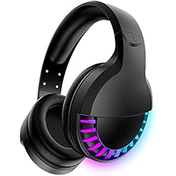 Wireless Bluetooth Headphone with Noise Cancellation HiFi Stereo Sound Mic Deep Bass Protein Earpad Rainbow RGB Backlight Rechageable Over Ear Headset for PC Mac Game Travel Class Home Office(Black)