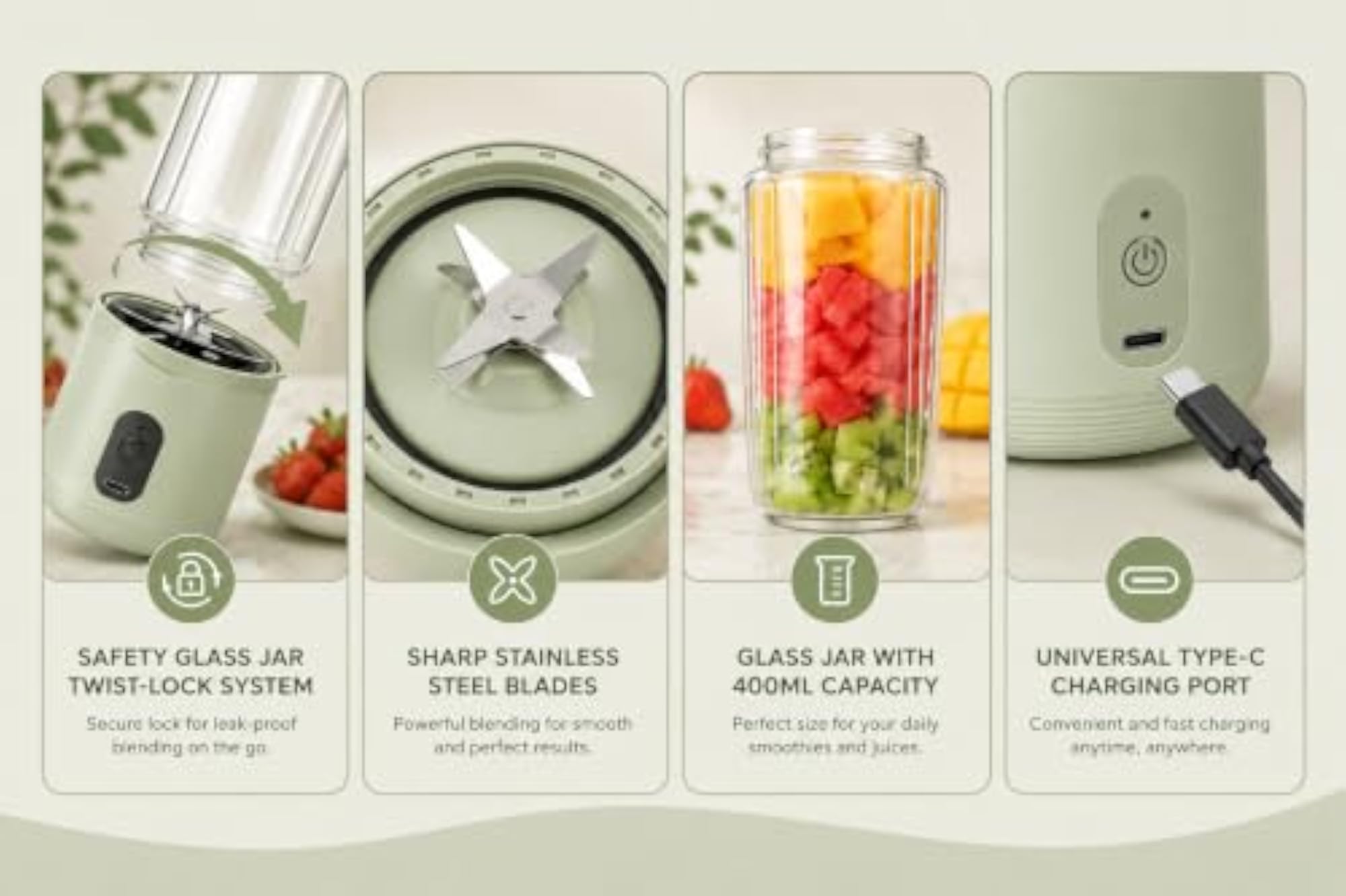 Portable Mini Blender for Smoothies & Juices, 400ml x2