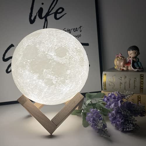 Sybedu Moon Lamp, 7.1 inch LED Night Light Ball for Bedrooms 3D Printing Lunar Lamp Night Light with Stand as Kids Women Girls Boy Giftï¼ŒUSB Rechargeable Touch Contral Brightness Warm and Cool White