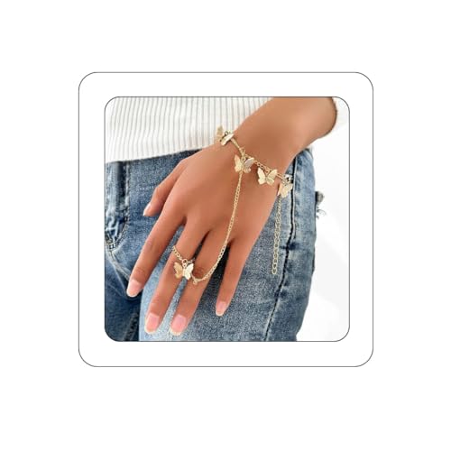 Bethynas Boho Butterfly Tassel Bracelet with Slave Finger Ring Gypsy Butterfly Pendant Hand Harness Bohemian Ring Hand Chain Bracelet for Women