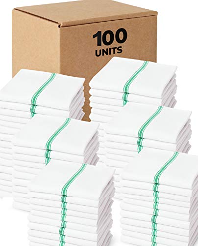 Bulk Economy Wholesale Kitchen Dish Towels (100 Towels) - 100% Cotton Herringbone - Commercial Grade - Bleach Resistant - Restaurant Bar Mops - 24 oz/dz - White with Green Stripes (Green, 100)