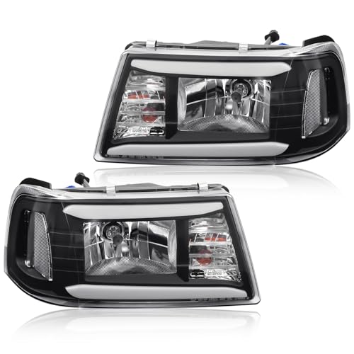 Upgraded Headlight Assembly with Corner Light Compatible with Ford Ranger 2001-2011 Headlamp, Pair of Integral Replacements with LED DRL Tube Light Bar, Black Housing Clear Corner, Left+Right