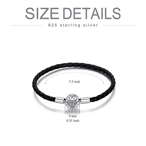 Lonago Genuine Black Leather Charm Bracelet 925 Sterling Silver Single Braided Chain Bangle Barrel Clasp Jewelry Fit Snake Charms Birthday Gift For Women Mom (7.5") #TOP4