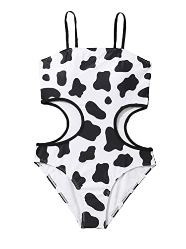 Wdirara Girl's Cow Print One Piece Swimsuit Cut Out Cute Spaghetti Strap Bathing Suit Black And White 14Y #TOP18