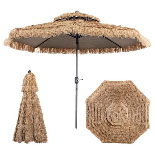 Costway 2.7m Thatched Tiki Umbrella, Hawaiian Style Patio Beach Umbrella W/8 Ribs, Tilt Adjustment Manual Crank System, Outdoor Umbrella for Poolside, Beach, Courtyard, Metal Frame (2.7m) …
