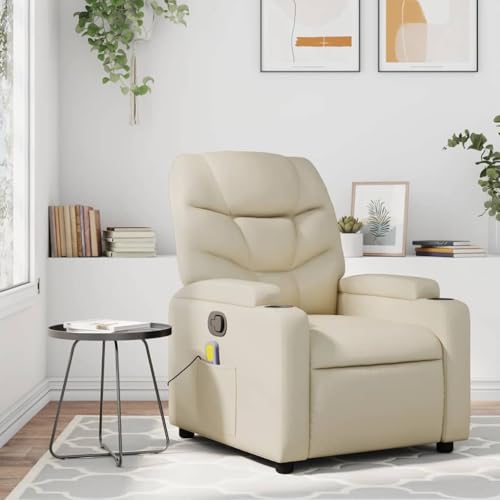 Keeushr Adjustable Armrest Massage Recliner Chair for Living Room with Cup Holders, Modern Single Seat in Cream Faux Leather Featuring Multi-Position Backrest and Stain-Resistant