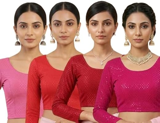 PAARTH ENTERPRISE Readymade Women Solid Cotton Blend Full Sleeve Blouse Pack of 4
