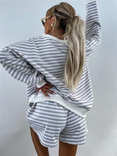 Melliflo Women 2 Piece Outfits Lounge Sets Striped Print Long Sleeve V Neck Sweatshirt and Shorts Set Fall Sweatsuit4