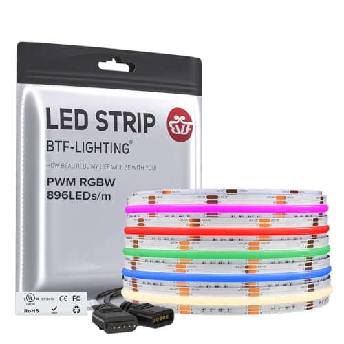 BTF-LIGHTING FCOB COB LED Strip Light,UL Listed RGBW 4000K 896LED/m High Density LED Tape Light,16.4FT DC12V 12mm Width Color Changing Light for Bedroom Home Indoor DIY Decor(No Adapter or Controller)