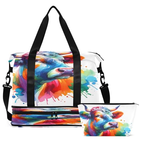 ALAZA Watercolor Cow Colorful Travel Duffel Bag for Women Men Sports Gym Bag with Shoe Compartment Tote Weekender Overnight Bag with Wet Pocket for Travel, Gym,Yoga,Swimming2