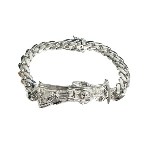 Rhodium Plated 925 Sterling Silver Santa Muerte Death Angel 11mm Cuban Bracelet