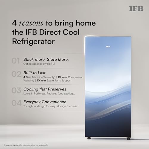Image of IFB 187L 4 Star Advanced Inverter Direct-Cool Glass Finish Single Door Refrigerator with 30 Hrs Cooling Retention, Big Vegetable Box & 4 Year Super Warranty (2026, IFBDC-213DYOGE, Ocean Breeze)