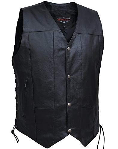 Mens Motorcycle 10 Pocket Utility Leather Riding Vest Light weight Cow Hide leather Side Laces (L)