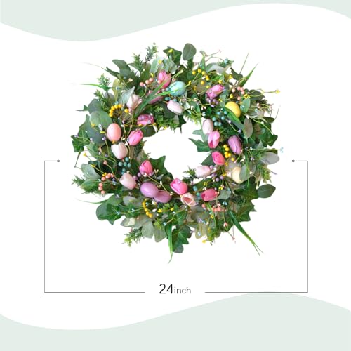 Bibelot 24 Inch Easter Wreath for Front Door, Tulip Easter Egg Wreath with Colorful Berries, Spring Floral Wreaths for Home Wall Window Farmhouse Decor by Bibelot - Used condition - Image 4