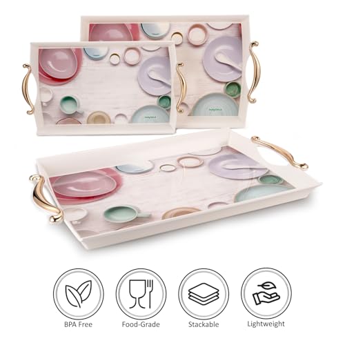Image of Nayasa Regency Plastic Rectangular Serving Tray Set of 3 (Small, Medium, Big) | Kitchen Tray for Serving Tea, Coffee, Snacks | Multi Purpose Serveware | White