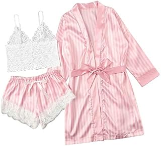 Atezch 3PC Silk Pajamas Sexy Satin Lingerie Lace Shorts Set Women Underwear Pink