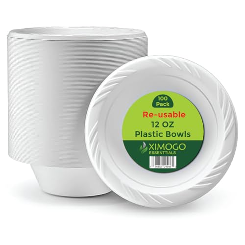 XIMOGO Pack of 100 White Plastic Bowls 12 OZ Washable & Reusable Microwaveable- Perfect for Parties Dessert and Picnic Tableware.Reliable Stackable Reuseable and Light Plastic Bowls.