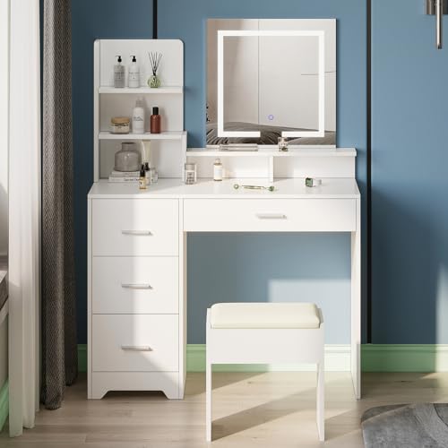 Hello-5ive Dressing Table with Stool - 5 Shelves and 4 Drawers, Touch Screen Makeup Mirror with 3-Color Dimmable Lights, Bedroom Vanity Desk for Makeup and Storage (White)