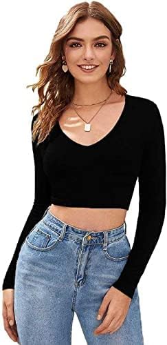 Image of LONDON BELLY Women's Polyester Crop Top with V Neck Full Sleeves Solid Pattern Regular Fit and Crop Length | Crop Tops for Woman | Women Chic Everyday Wear Top