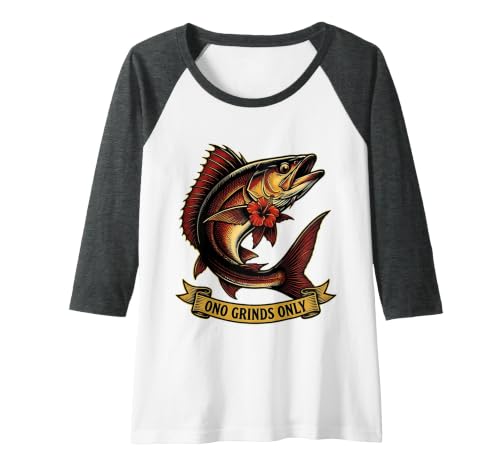 Ono Grinds Only Hawaiian Food Culture Design Raglan Baseball Tee, Women, Dark Heather Grey/White, Medium
