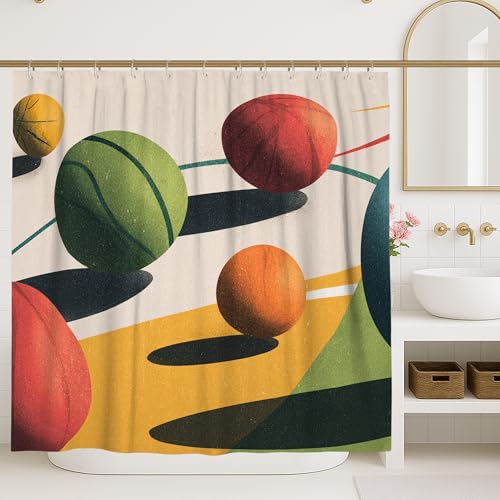 Basketball Shower Curtain, Modern Abstract Circle Shadow None Green Polyester