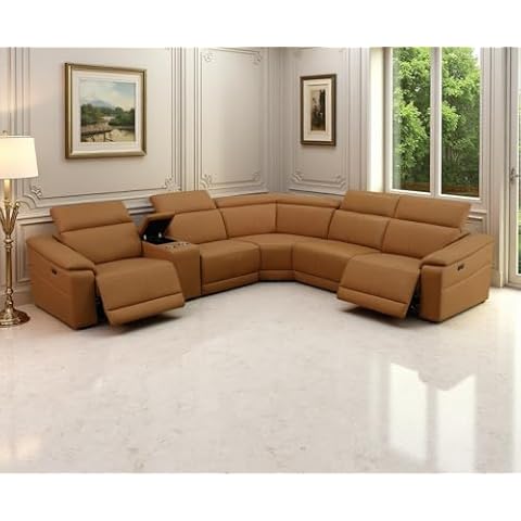 Dekmxas Living Room Sofa Sets, Light Brown Breathing Leather Power Reclining Power Sectional Sofa Set with 2 Recliner Seats/Cup Holders/Storage Console/UPS Port Cover
